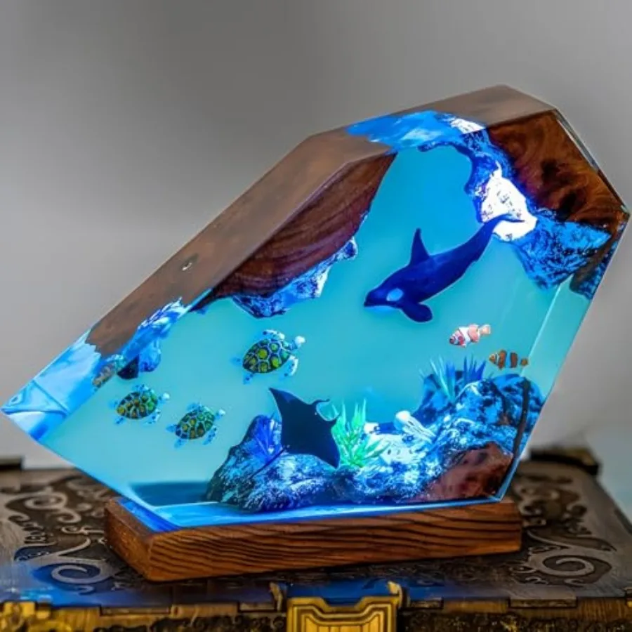 

Ocean Creative Epoxy Rein Wood Light Lamp Handmade Multi Color Aquatic Ocean Lamp Deep ea Diver Cave Enthuiat Led Night Light D