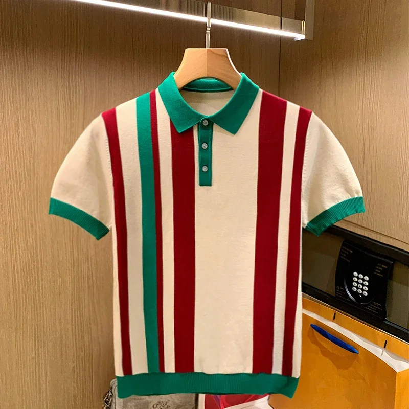 

2024 Men's Summer High Quality Fashion Knitting Short Sleeve Polo Shirts Male Slim Fit Lapel Casual Stripe Polo Shirts W07