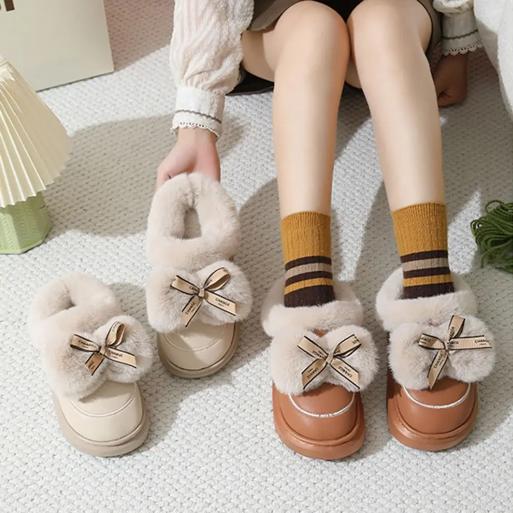 

Прочные водонепроницаемые хлопковые тапочки с бантиками, противоскользящая легкая теплая домашняя обувь, износостойкие гибкие милые меховые тапочки для женщин