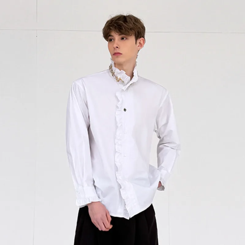 WVGA Spring Autumn New Men High Street Wrinkled Design Elegant Stand Collar Long Sleeved Shirt Niche Chic Casual Tops Ins W26024