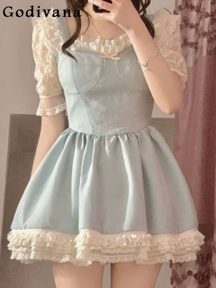 Large Size Summer French Short Puff Sleeve Lace Princess Dress Women Sweet High Waist A-line Age Reduction Square Neck Dresses
