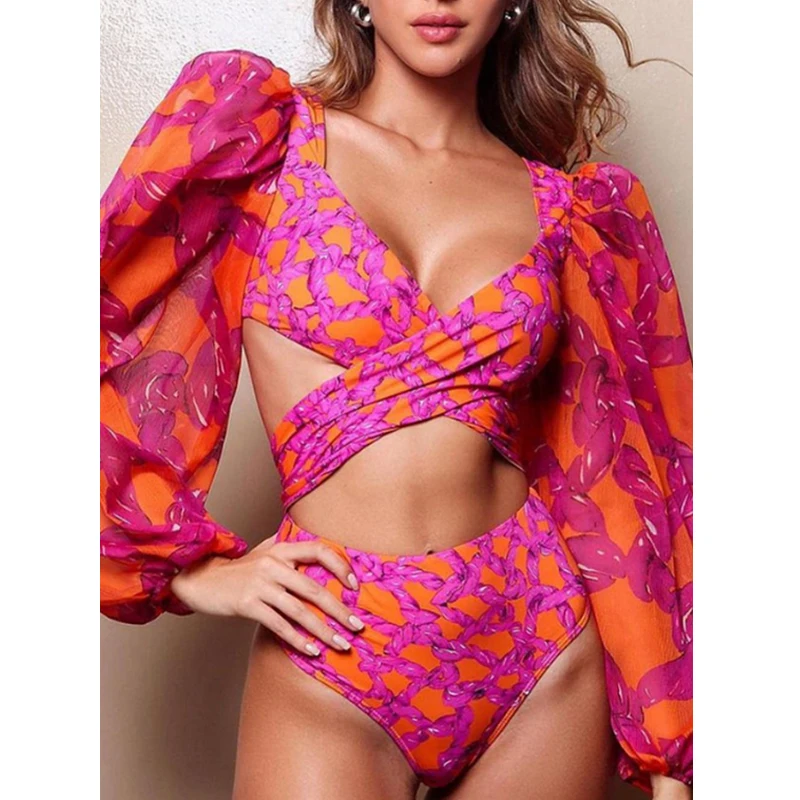 2023 New Fashion Swimsuit Bikini and Skirt Summer Women Cross Design Long Sleeve Swimwear Print Luxury Elegant Bathing Suit