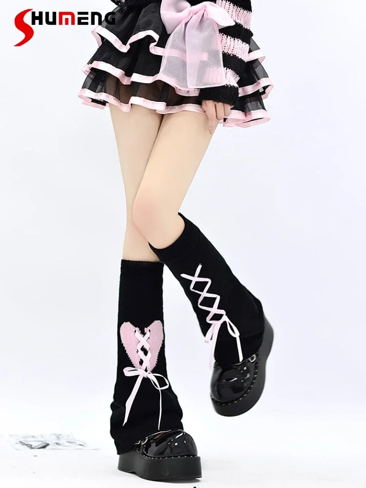 

Y2k Cute Cool Lace Up Bowknot Wide Leg Leg Warmers for Women Original Harajuku Pile Style JK Hot Girl Warm Love Heart Foot Sock