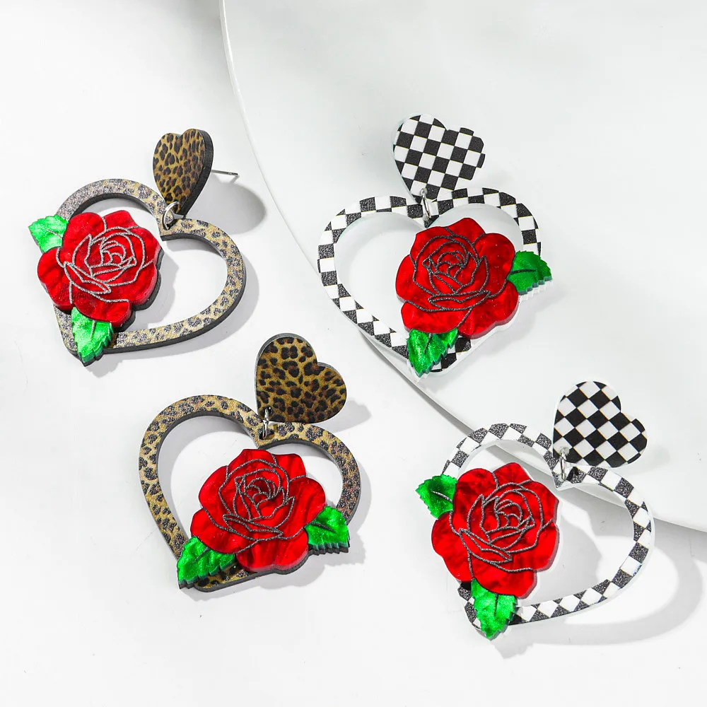 Retro Leopard Hollow Love Acrylic Drop Earrings for Women New Chess Grid Rose Flower Heart Earring Jewelry Valentine's Day Gift