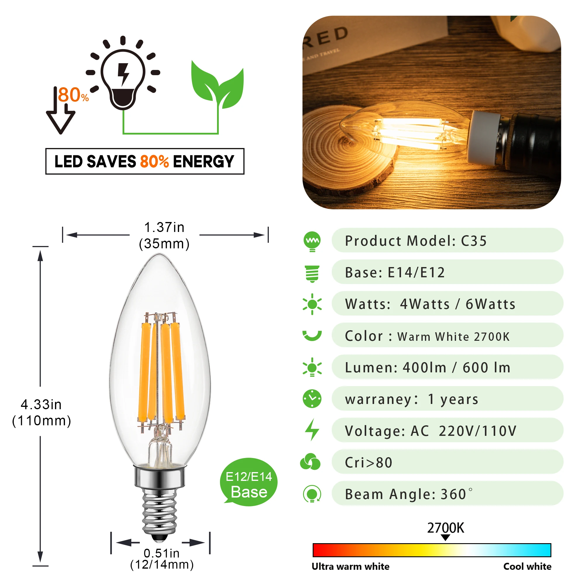 Lâmpada de incandescência dimmable, luzes de vela, branco quente, substituível, decoração do candelabro, c35, e14, e14, 220v, e12, 110v, 4w, 6.5w