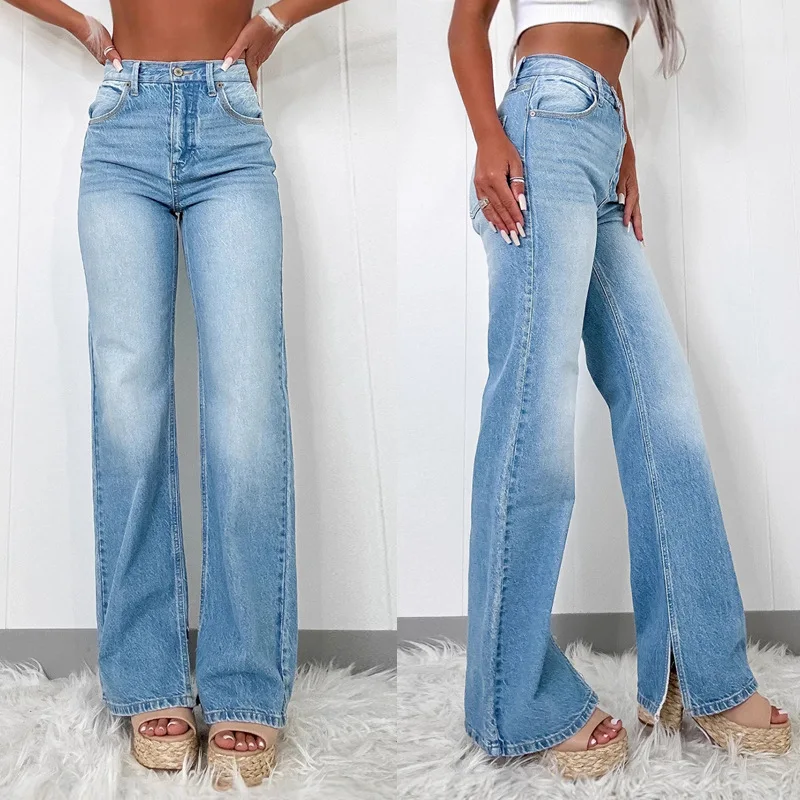 

Denim Jeans Women Solid Jeans Side Slit Pocket Zipper Fly Empire Waist Full Length Straight Pants Casual Streetwear 2025 Spring