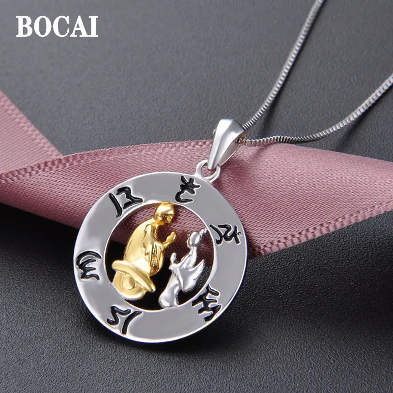 BOCAI Real S925 Silver Jewelry Gold-plated Buddha Seal Portrait Sanskrit Six-character Mantra Trendy Woman Pendant High-End Gift