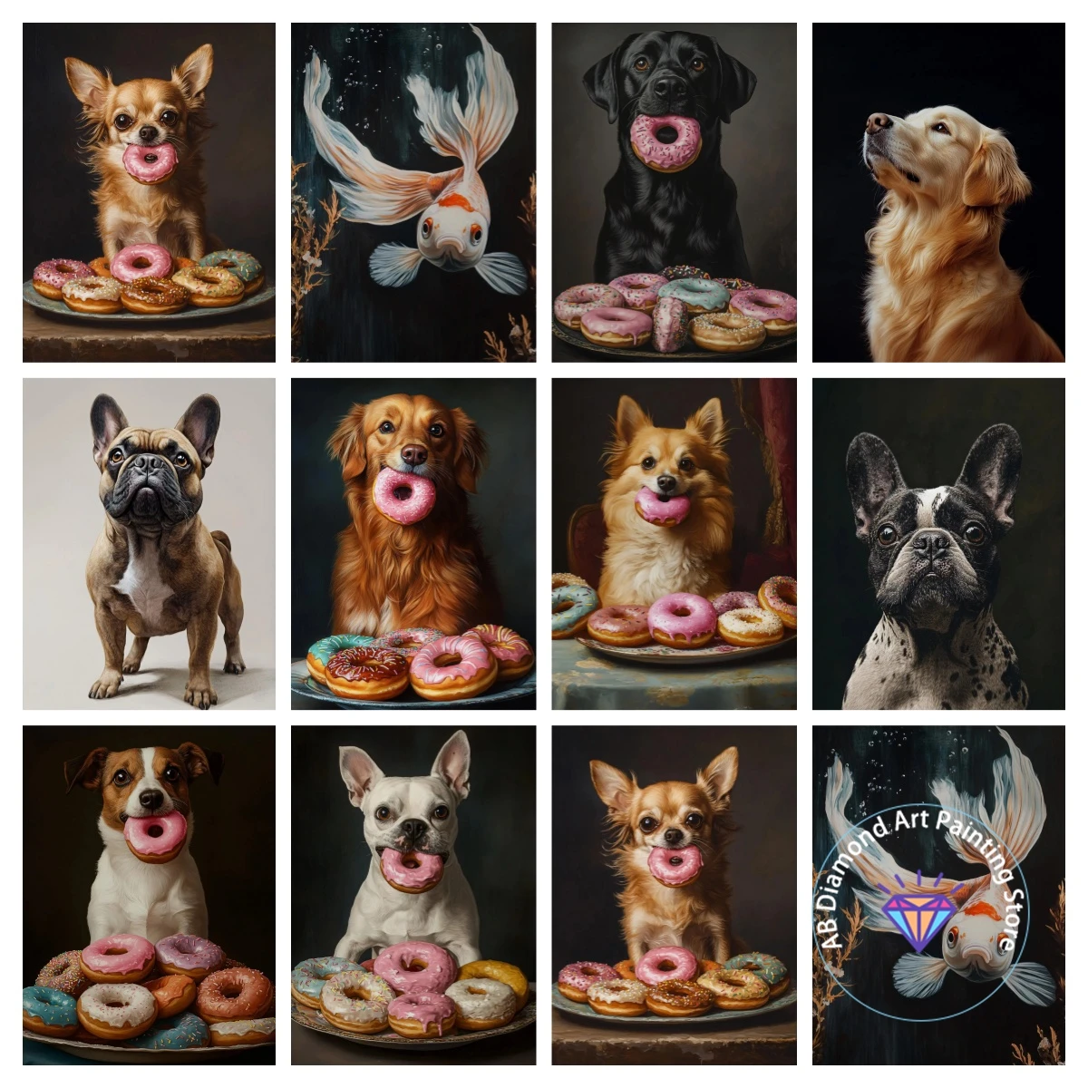 

Fun Donut Cute Dog Goldfish Animal AB Diamond Painting Kit 5D DIY Diamond Embroidery Cross Handmade Art Gift Home Decoration