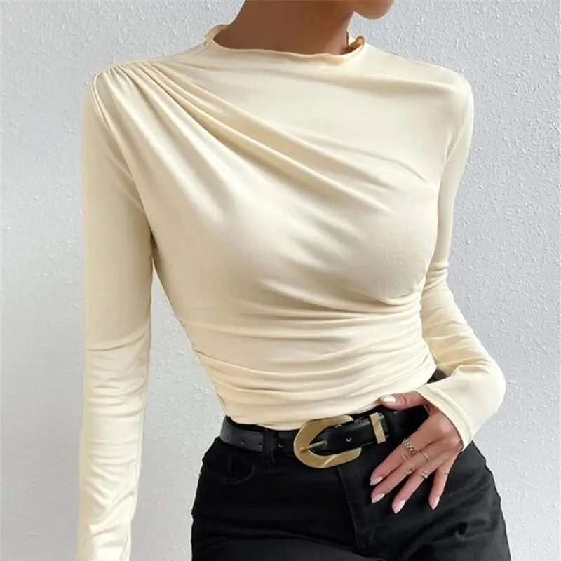 Color Slim Fit Pleated Long Sve T-irt Women's Top Street Sle Pure Color Elastic Fabric High Collar Chinese Production