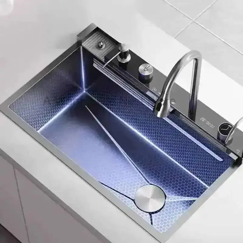Kitchen Stainless Large Sink 304 Slot Single Steel Rain Waterfall Sink Home Honeycomb Dishwashing Basin Kitchen Accessories B