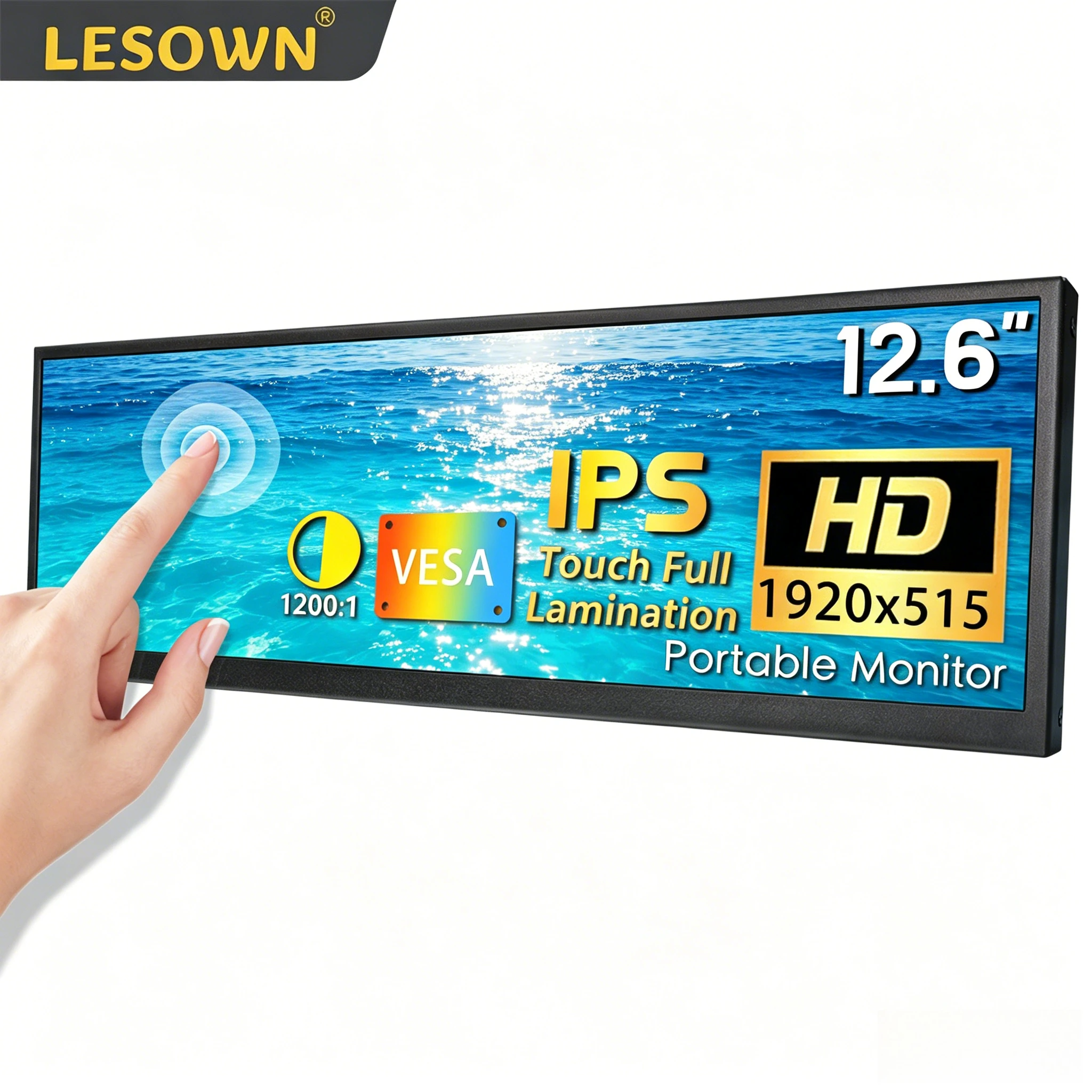 LESOWN 12.6-Inch Ultra-Thin IPS Touch Stretched Bar Monitor 1920x515 Portable Elongated Display for GPU/CPU Monitoring