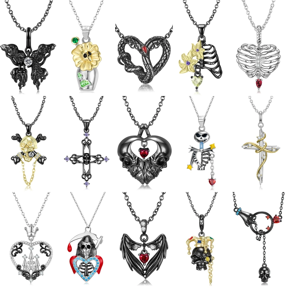 

925 Sterling Silver Gold Black Snake Butterfly Skull Angel Wings Pendant Necklace for Women 45CM Chain Link Fine Jewelry Gift
