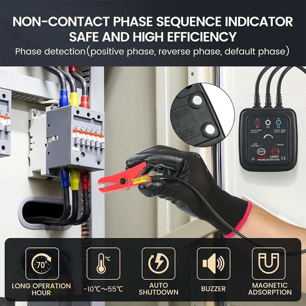 ETCR1000C Phase Rotation Monitor Phase Detector AC 70-1000V Non Contact Phase Sequence Detector Magnetic Base Phase Meter