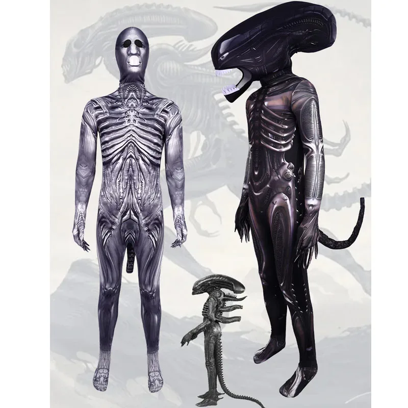 할로윈 성인 외계인 Xenomorph 3D 인쇄 바디 슈트 의상 무서운 양복 어린이 외계인 Romulus 코스프레 점프 슈트 마스크触手 Disfraz