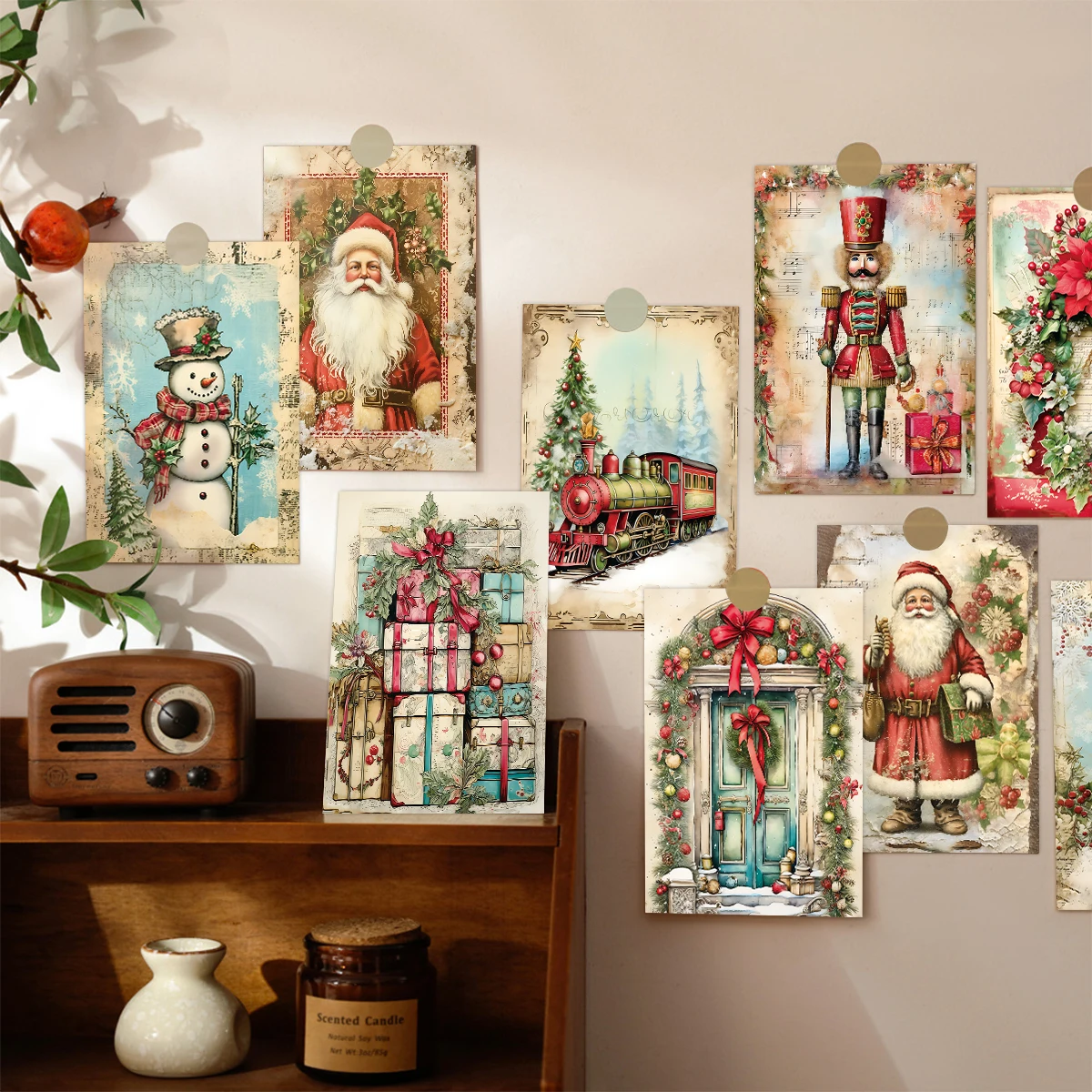 12 Stück Vintage-Weihnachtswandkarten mit Aufklebern – dekorative Karten für Weihnachten, Zuhause, Party, Wanddekoration, Scrapbooking, Geschenkanhänger und DIY-Handwerk – Detail 7
