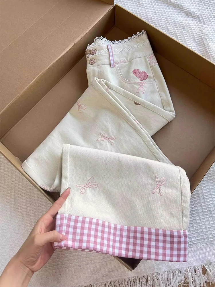 High Waist Plaid Heart Bear Denim Pants Women's Autumn Winter Faion  Knot Straight Leg Jeans Retro Pure Color