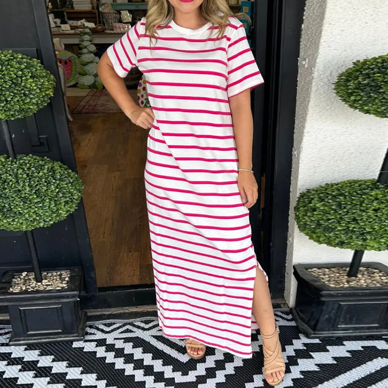 Summer New Casual T-shirts Dress For Women Fashion Short Sleeve O-neck Striped Printed Split Dresses Beach Party Female Vestidos