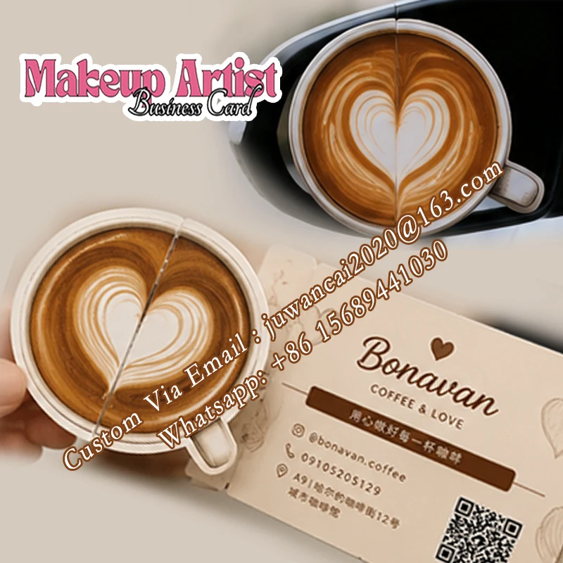 Custom Shape Foldable Coffee Cup Business Card Design Promotions Mirror Flyer Cards With Qr Code Printable Invitations Gift Card