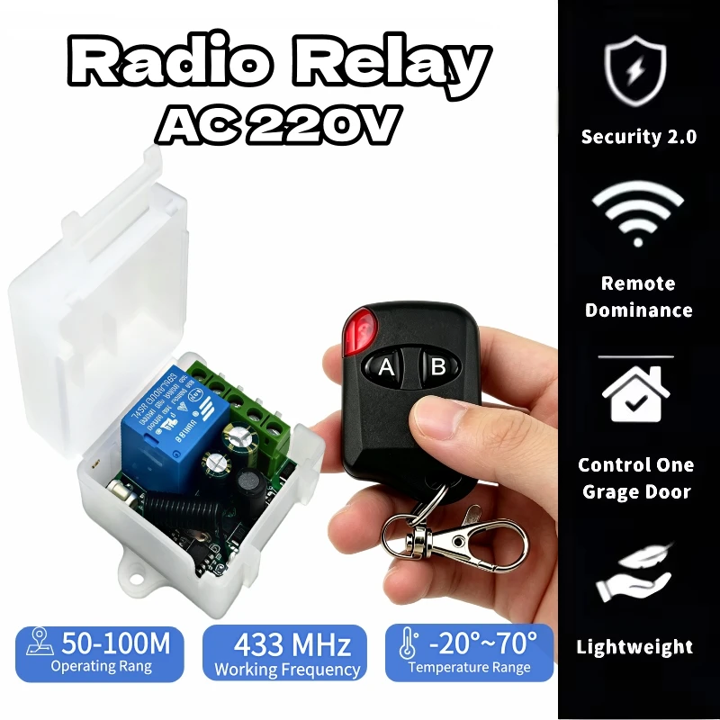 AC 220V 433MHz RF 1-Channel Wireless Relay Receiver Garage Door Transmitter Remote Control Switch