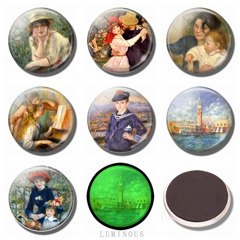 Luminous Pierre-Auguste Renoir Art Retro Fridge Magnets Glass Dome Refrigerator Magnet Glowing At Night Fridge Magnetic Holder