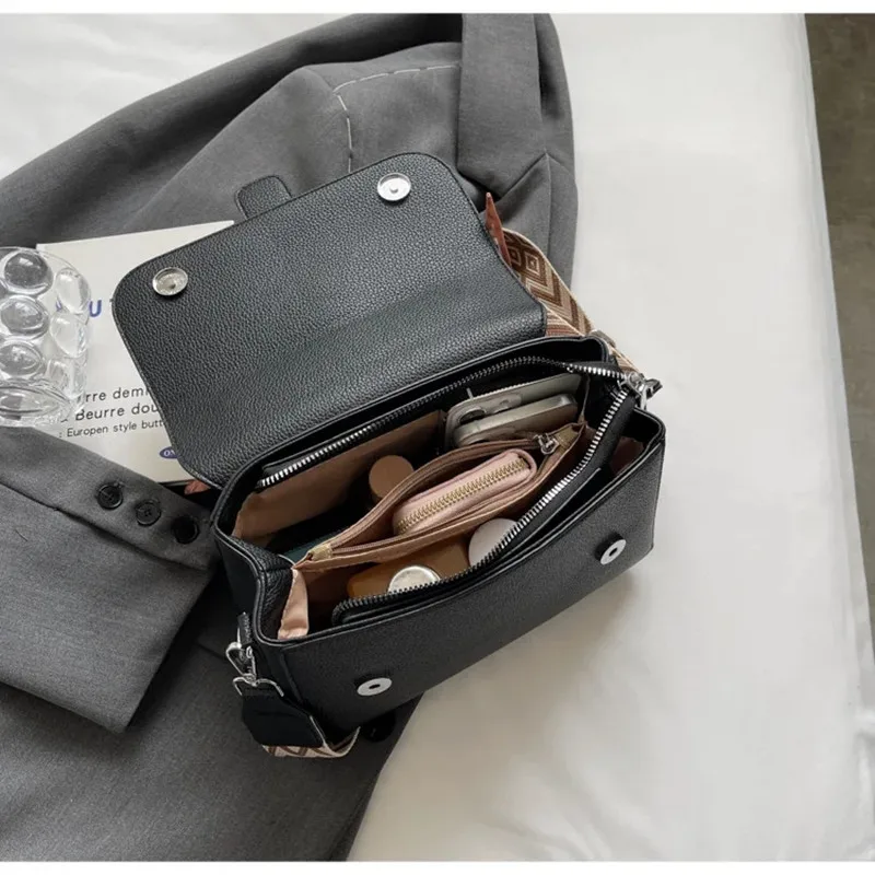 New Fashion Luxury Brand Leather Crossbody Shoulder Handbags For Womens Advanced Retro Wide Shoulder Strap Casual Small Tote