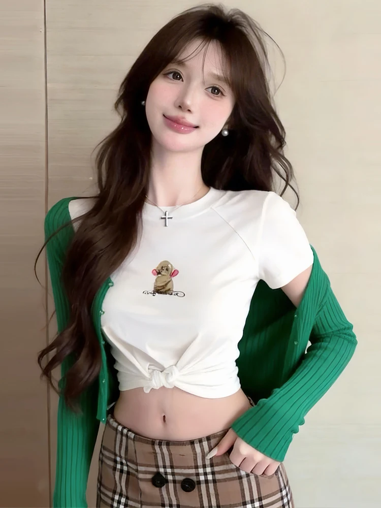 

Sexy round Neck Print Crop Top Short Sleeve Knitted T-Shirt Women's Fashion Set with Long Sleeve Open Cardigan Anti-Wear Summer