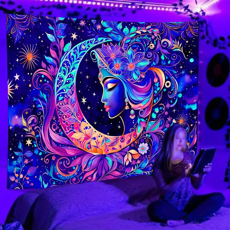 VIKAMA Psychedelic Crescent Moon Goddess Face Tapestry Floral Starry Mystic Boho Wall Hanging Room Decor Aesthetic Poster