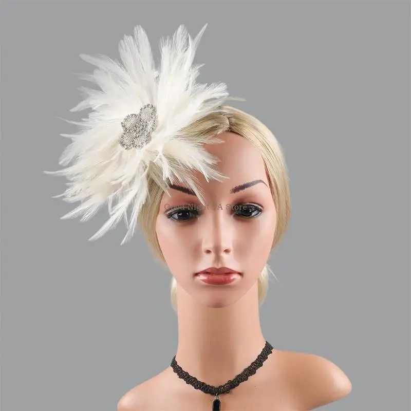  Elegant Feathered Flower Brooch Hair Ornament with Rhinestones Studs Hair Decors Jewelry for Dance Event Dressingup
