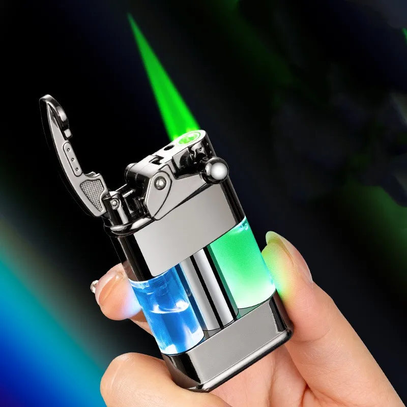 

Metal Outdoor Windproof Butane Gas Lighter Rocker Arm Ignition Green Flame Turbine Torch Nightlight Flowing Sand Unusual Lighter