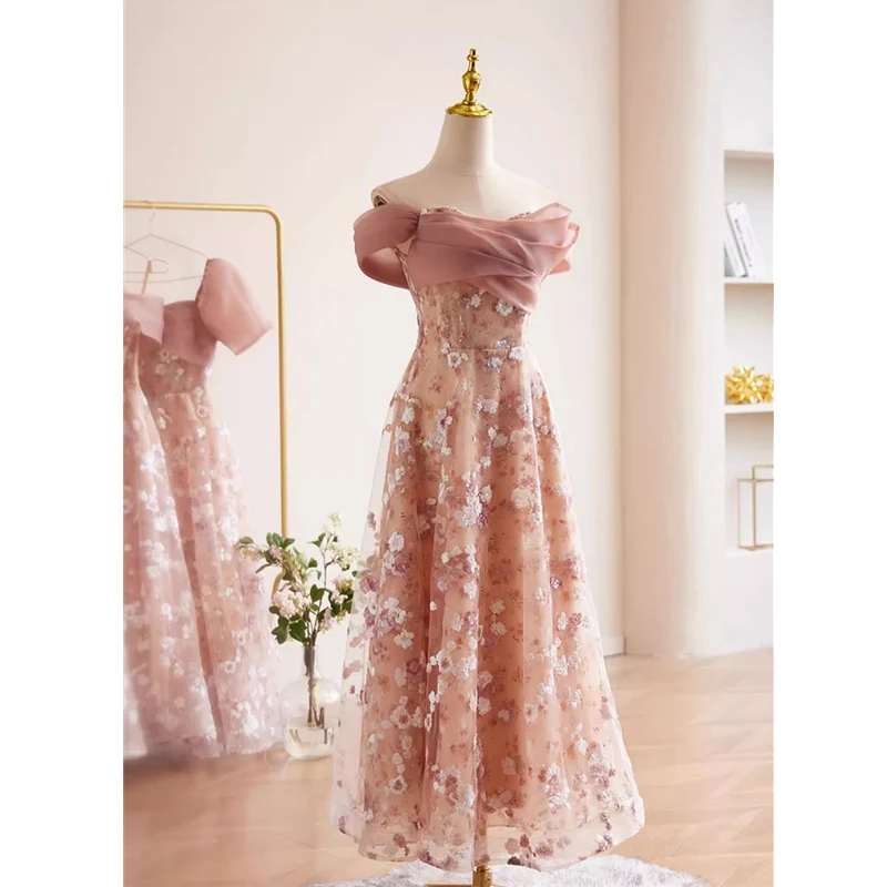 Robe de soirée à paillettes roses, en tulle, motifs floraux, manches courtes, ligne A, longueur au sol, B2903