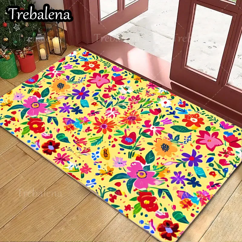 

1pc Welcome Door Mat Bright Floral Pattern Yellow Background Door Mat For Home Decor