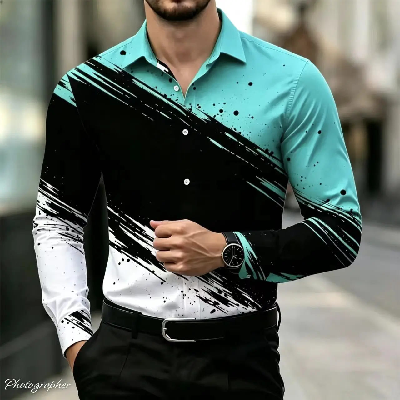 2026 New Art Men's Shirt, Urban Style, Graffiti Print, Long Sleeve Shirt, Personalized, Modern, Comfortable, Casual Fashion