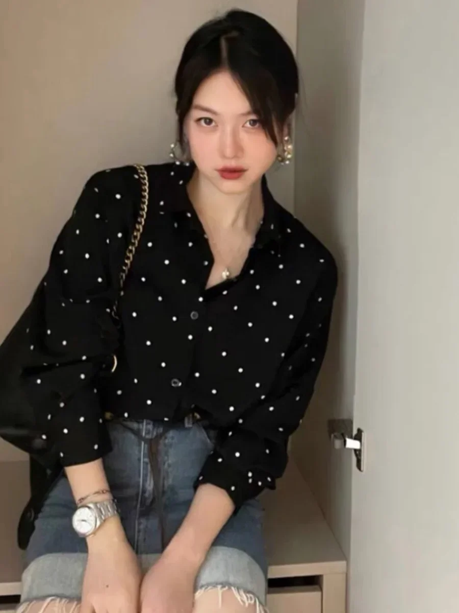 French Sle Chic Contrast Color Polka Dot Long Sleeves Shirt Women's Summer 2025 New Arrival Elegant Loose Slimming