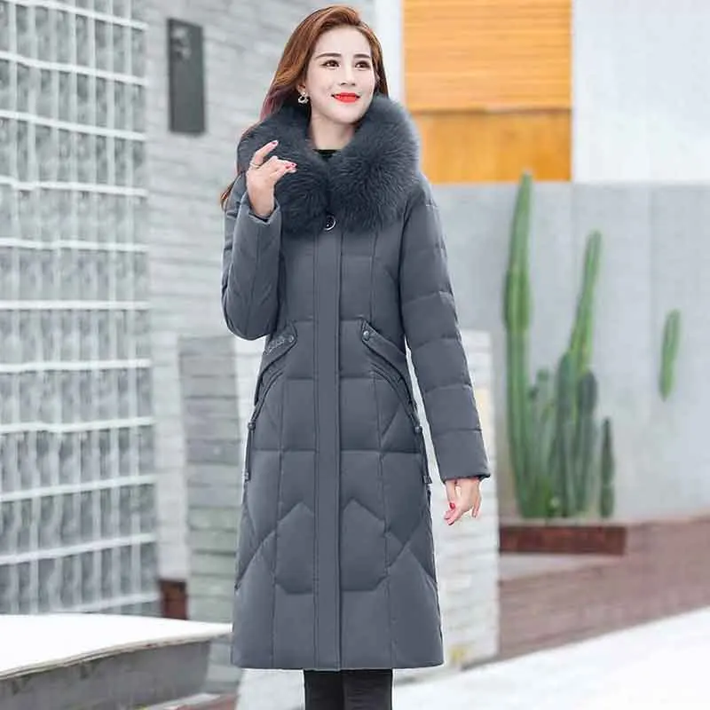 Temperament Down-Manteau à capuche mi-long pour femme, col en fourrure, coupe couvertes, poche épaisse chaude, 5X, hiver