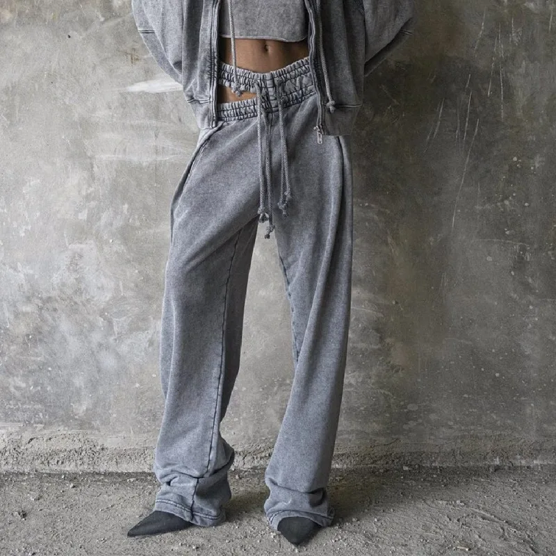

Women Sporty Split High Eleastic Waist Pants Gym Korean Hip Hop Drawstring Baggy Wide Leg Straight Trousers Casual Joggers Pants