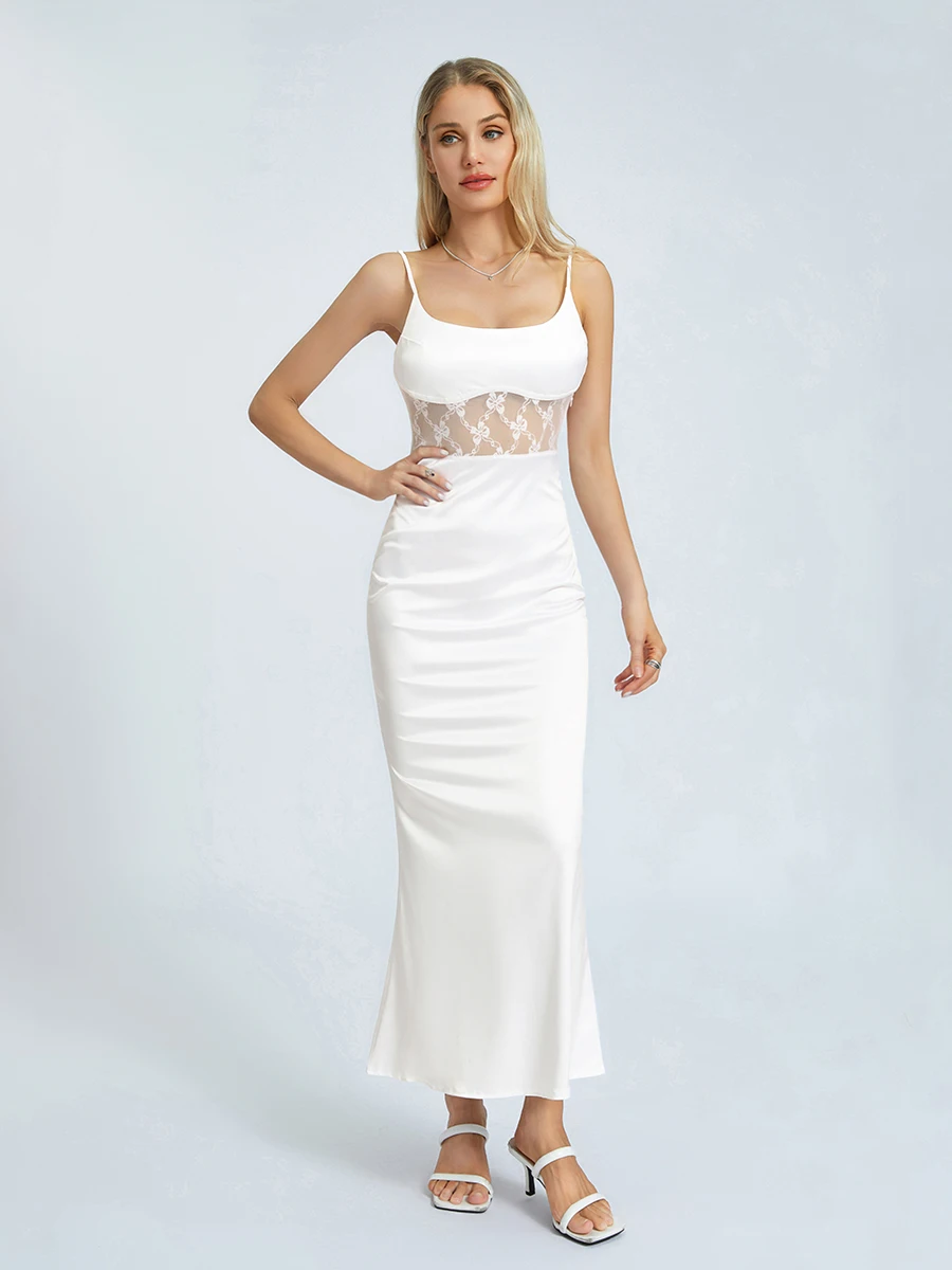 Women s Summer Solid Color Long Sling Dress Sleeveless Spaghetti Strap Lace Floral Patchwork Satin Dress