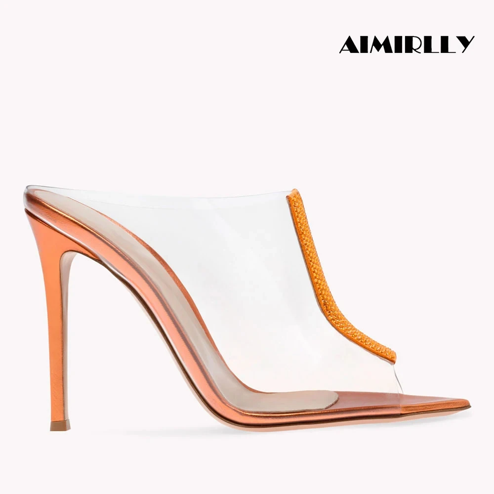 Sandalias de PVC para mujer, zapatos de tacón alto con suela puntiaguda, para vestido de fiesta de boda, color naranja y plateado, tacones personalizados