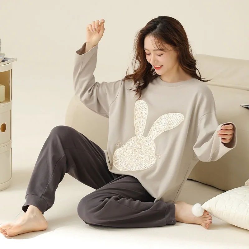 

2024 New Spring Autumn Long-sleeved Pajamas Women Cotton Plus-size Loungewear Round Neck Sleepwear Casual Loose Homewear Suit