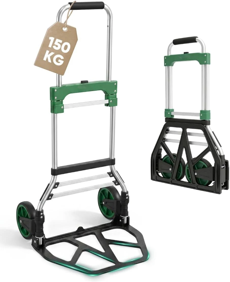 Carriola pieghevole per carichi pesanti, portata fino a 150 kg, carriola da trasporto in alluminio rinforzato da 1,5 mm, pianale XL 49 x 35 cm, professionale verde per traslochi, uso domestico,