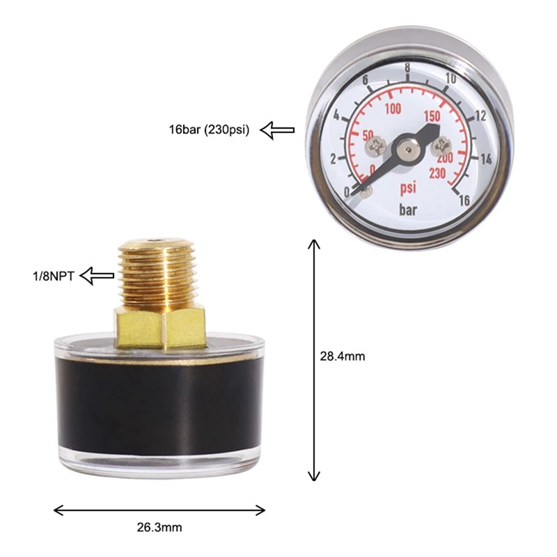 Scuba Diving PCP Air Mini Micro-Pressure Gauge Manometer Manometer 16Bar,1/8 NPT Thread