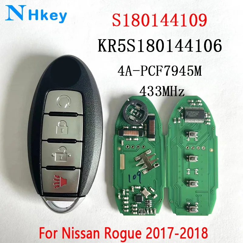 NHkey Original 4A Chip S180144109 Remote Car Key for Nissan Rogue 2017 2018 4 Buttons FCC ID:KR5S180144106 Keyless Go 433MHz