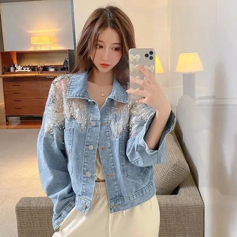 

2023 Spring New Denim Jacket Women Sequins Splice Loose Denim Coats Girls Students High Street Party Short Jeans Coats Female 24