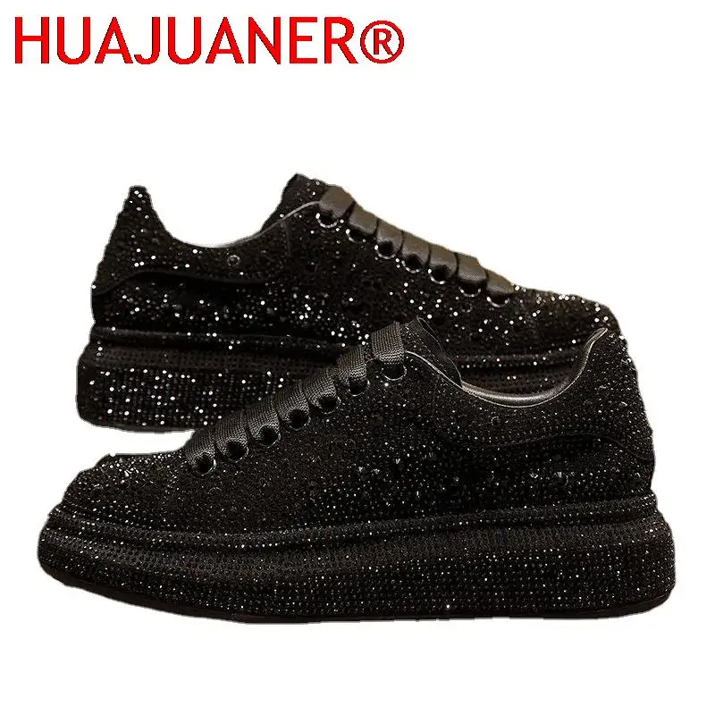 

New Brand Women Fashion Casual Glitter Sparkling Sneakers Women Encrusted Lace Up Shoes White Sole Fashion Street Sneakers Shiny