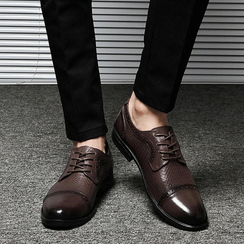 

Genuine Leather Brogue Men's Shoes Fashion Business Casual Party Banquet Everyday Vintage Lace-up Leather Block Dress Shoes38-44