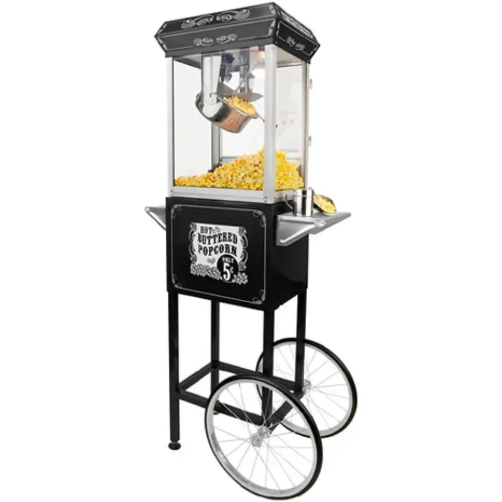 Carro de máquina de palomitas de maíz de aceite caliente, hervidor de acero inoxidable, paneles de vidrio, calentador incorporado, compartimento de almacenamiento ligero, fiestas y eventos