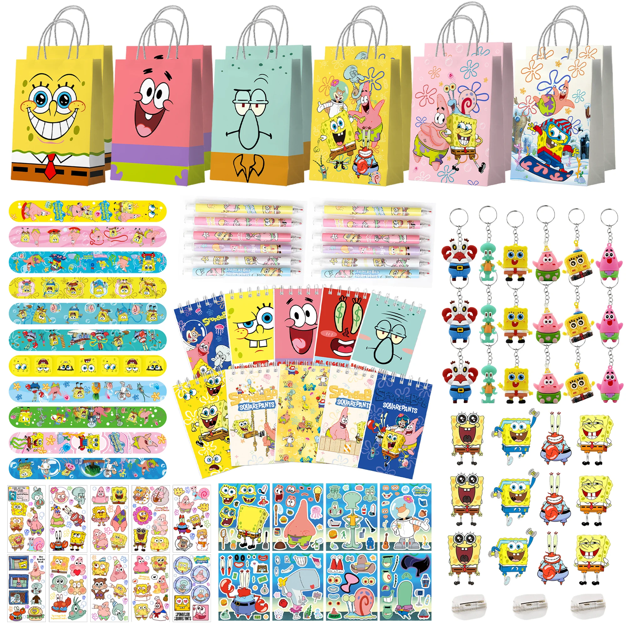 Image of 96-teiliges All-in-One-SpongeBob-Geschenkpaket für Geburtstagsfeiern – SpongeBob Schwammkopf Party-Geschenktüten, Schlüsselanhänger, Aufkleber, Notizbücher, Stifte, Abzeichen usw.