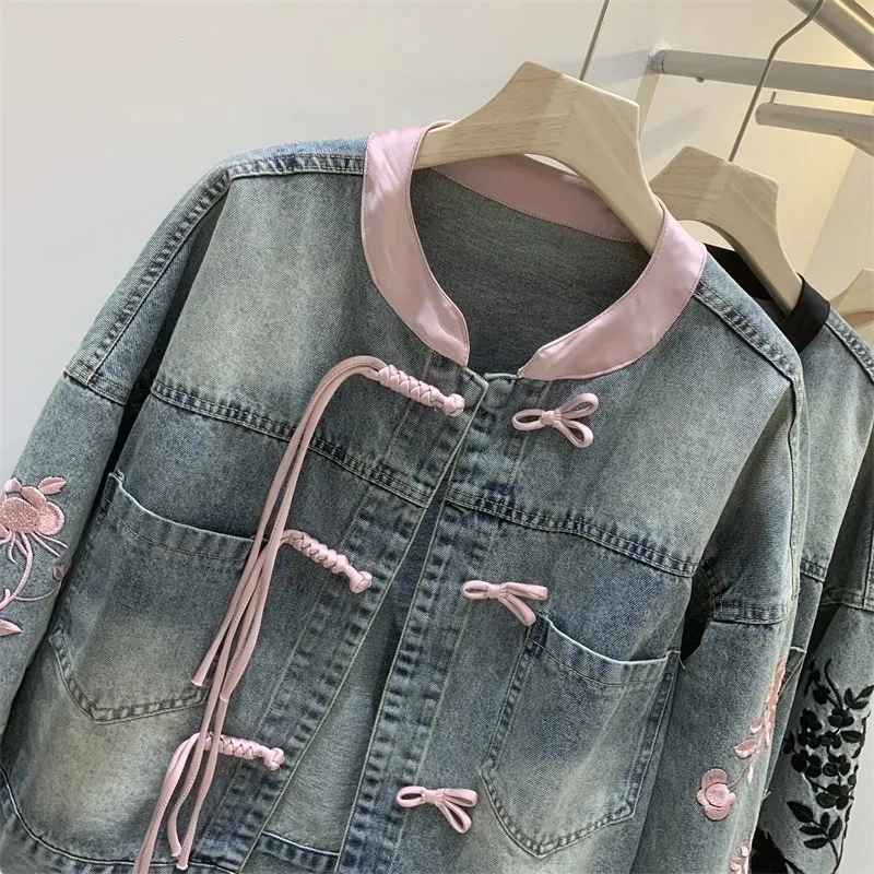 Chinese Style Buckle Denim Jacket For Women's Vintage Embroidery Stand Up Collar Top 2025 Spring Autumn Long Sleeve Jeans Coat