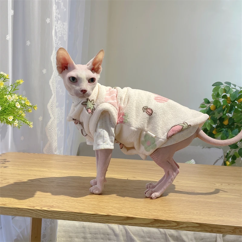 Thick Fleece Beige Cartoon Jacket for Sphynx Cat Winter Warm Sweet FloralCardigan Vest for Kittens Devon Rex Soft Loungewear