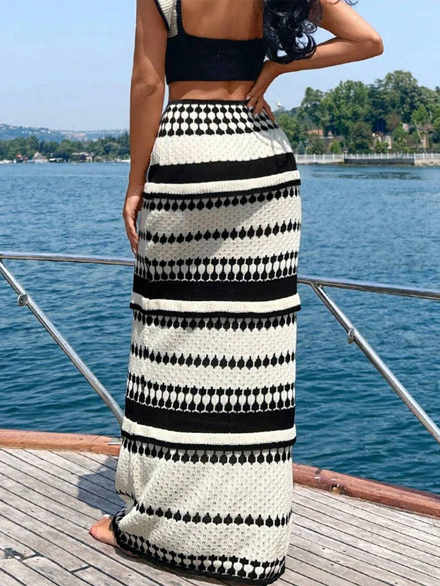 Fashion Striped Crochet Knit 2-częściowy zestaw spódnic dla kobiet Ruffle Knit Top Bodycon Long Skirt Beach Cover Up Y2k Streetwear