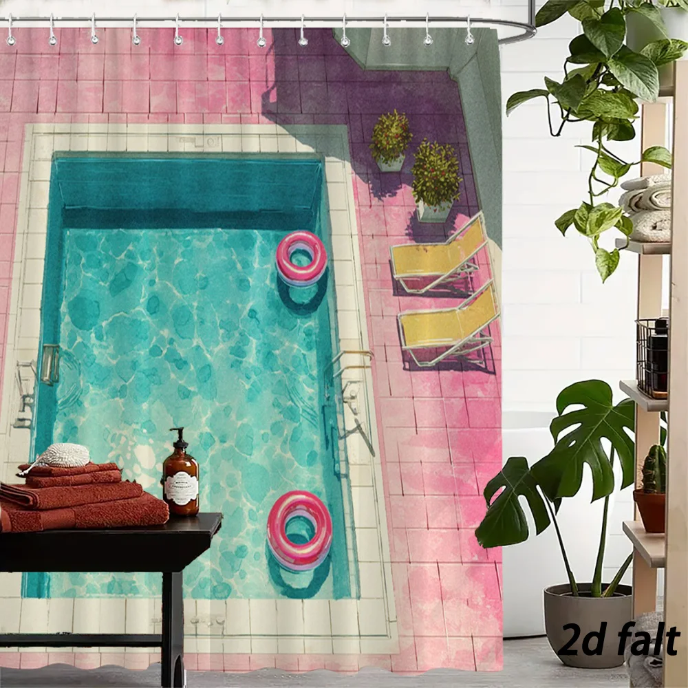 Vibrant Pool Scene Shower Curtain with Loungers and Floating Rings for Bathroom Decor